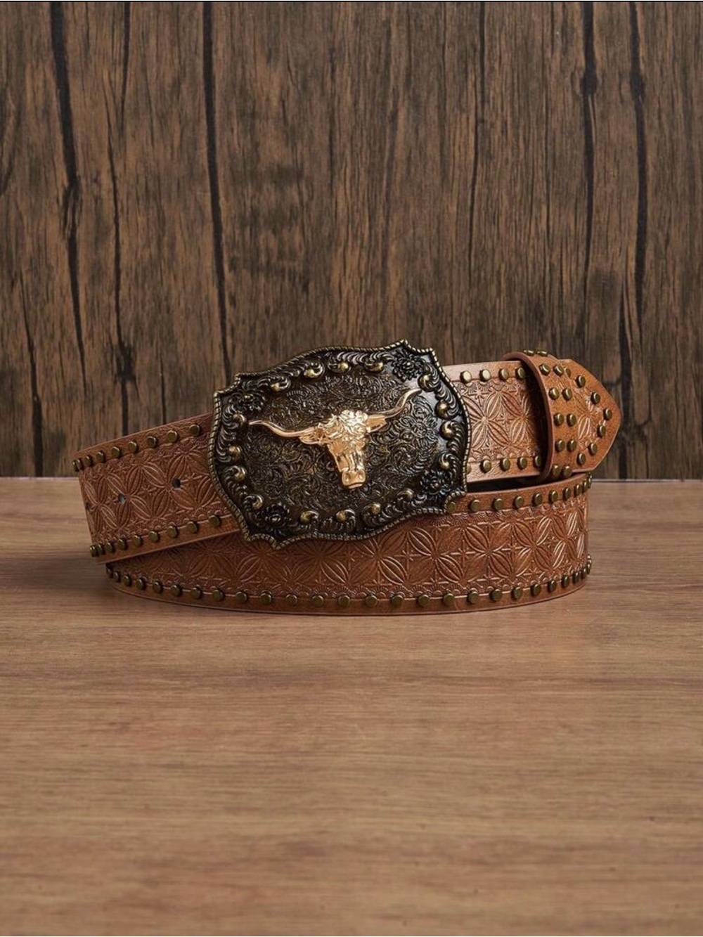 Women’s Brown Embossed Floral Western Belt with Decorative Longhorn Bull Buckle